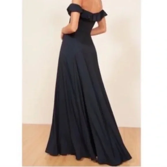 Reformation Verbana navy blue square neck off shoulder ruffle evening gown dress - Picture 7 of 8